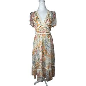 In Loom Womens Floral Lace Trim Midi Dress Short Flutter Sleeve Size Small